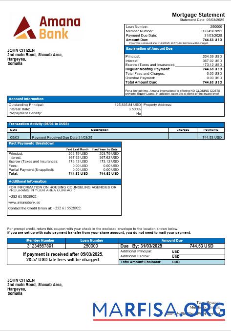 Downloadable Somalia Amana bank mortgage statement in Word and PDF formats template